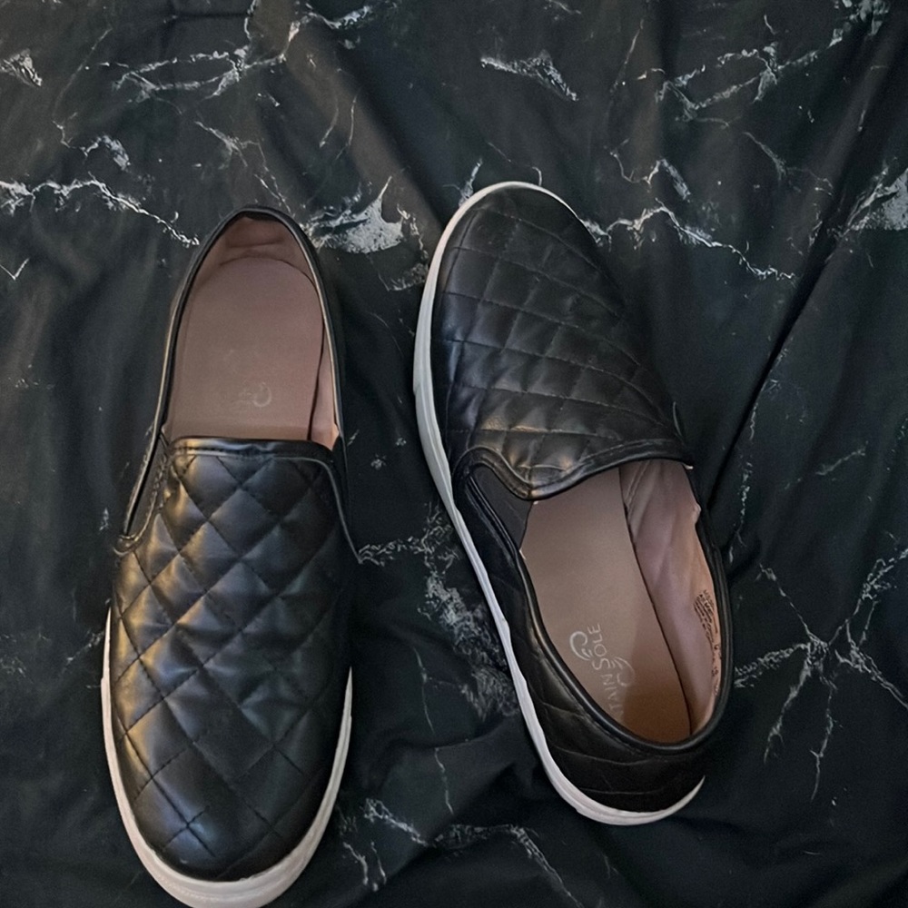 Black faux leather slip ons size 10